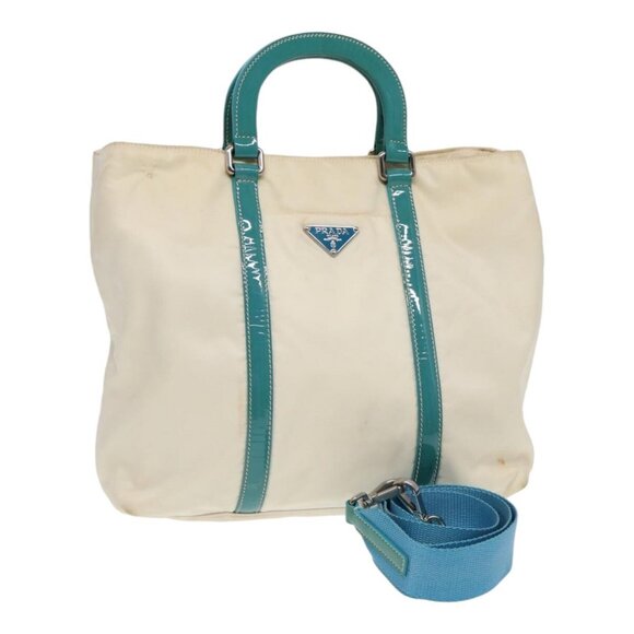 PRADA Hand Bag Nylon 2way White Turquoise Blue Auth - Picture 1 of 16